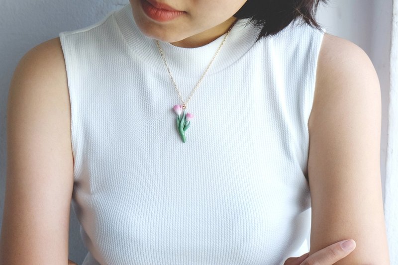 Tulip Pink Necklace , Flower Necklace - 项链 - 其他金属 粉红色