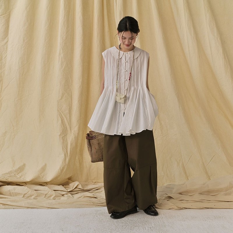 復古兩穿壓褶無袖上衣 / 大容量寬鬆版型 / 日系百搭休閒款 - 女装背心 - 棉．麻 多色