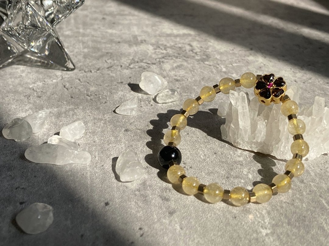 【五叶幸运草。水晶手链】黄发晶、金运石|14GF、黄铜 - 手链/手环 - 水晶 黄色