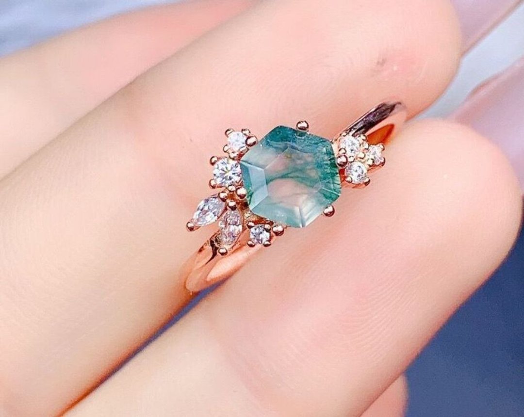 Hexagon Moss Agate Rring, Green Moss Agate Ring, Natural Moss Agate Ring - 戒指 - 其他金属 绿色