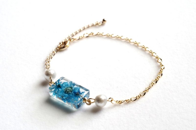 树脂艺术 花朵与棉质珍珠手链・深蓝・金色 - 手链/手环 - 树脂 蓝色