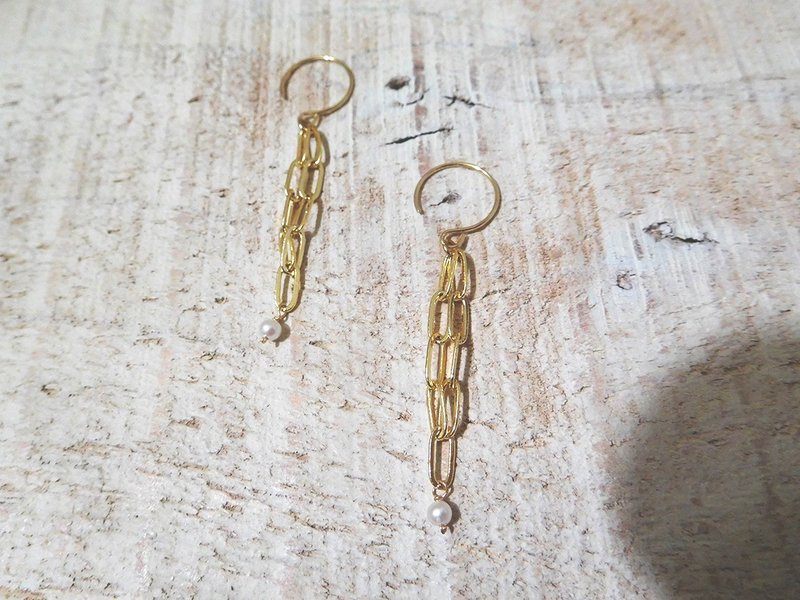 包14k金几何链条珍珠耳环 可改夹 - 耳环/耳夹 - 其他材质 金色