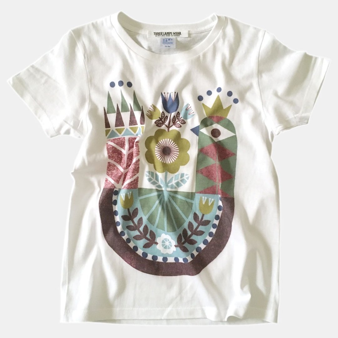 Geometric bird illustration Print T-shirt- White x Green - women's/men's/unisex - 女装 T 恤 - 棉．麻 白色