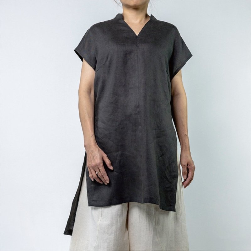 立领长版开衩衫   亚麻 | 墨灰 - 女装上衣 - 亚麻 