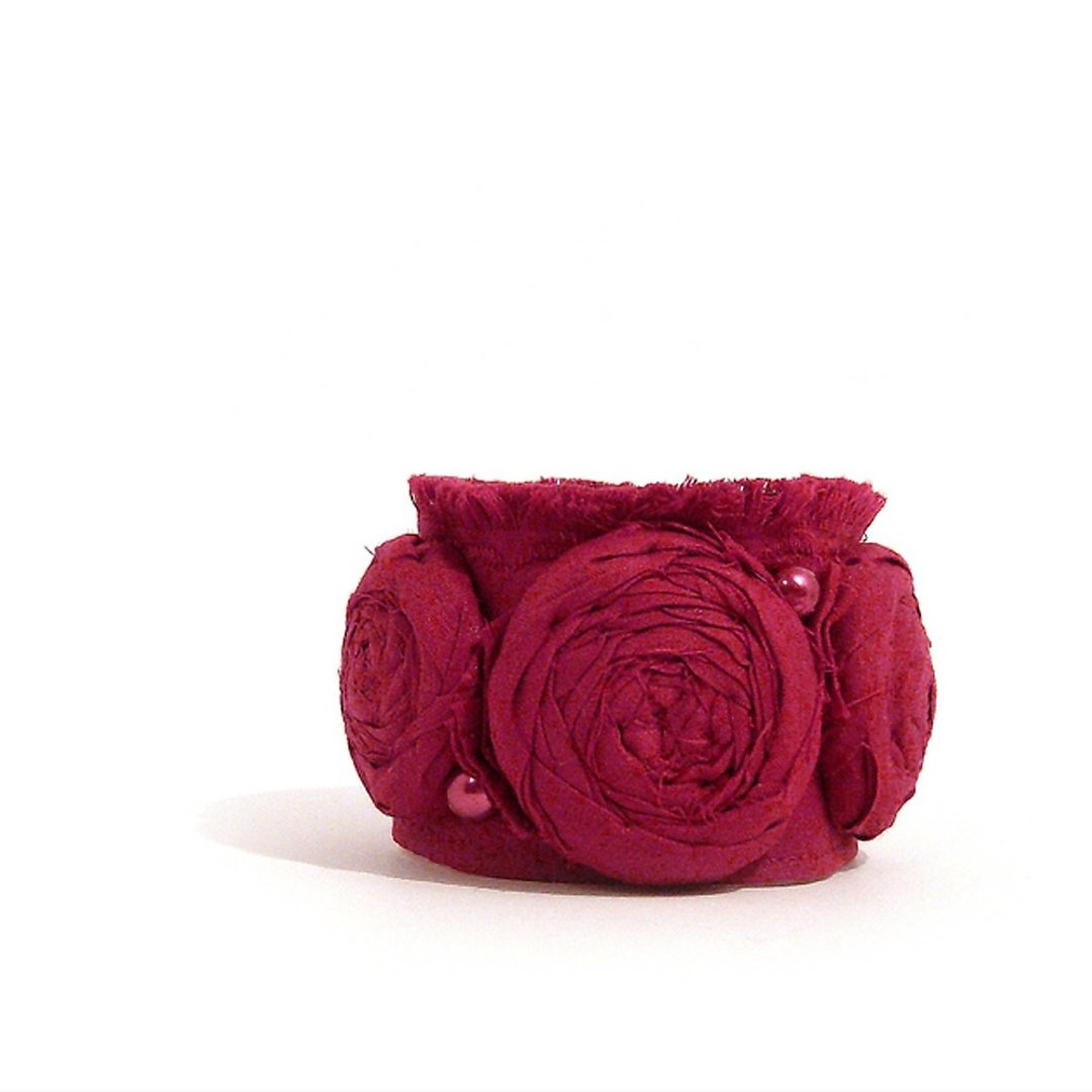 Deep Red Rosettes Wrist Cuff Fabric Bracelet - 手链/手环 - 丝．绢 红色