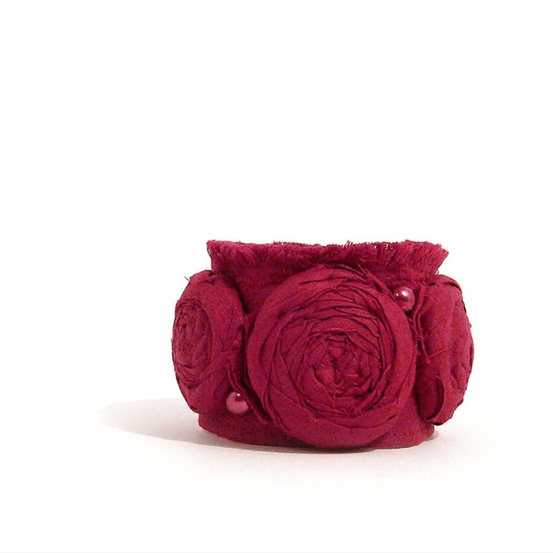 Deep Red Rosettes Wrist Cuff Fabric Bracelet - 手链/手环 - 丝．绢 红色