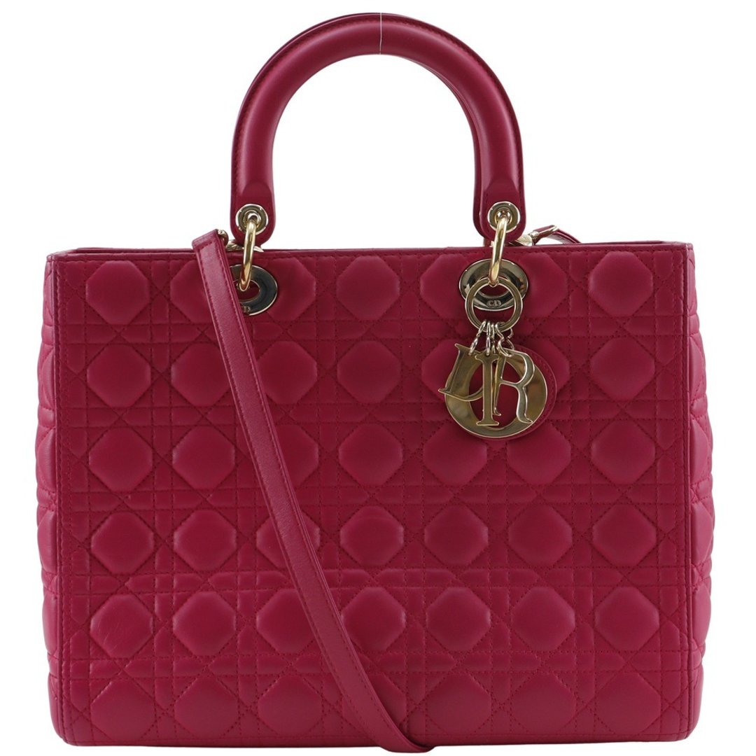 【日本直送】Christian Dior 迪奥 Lady Dior Large 手提包 藤格纹 两用肩背包 羊皮 粉色 女性【二手】 - 手提包/手提袋 - 真皮 粉红色