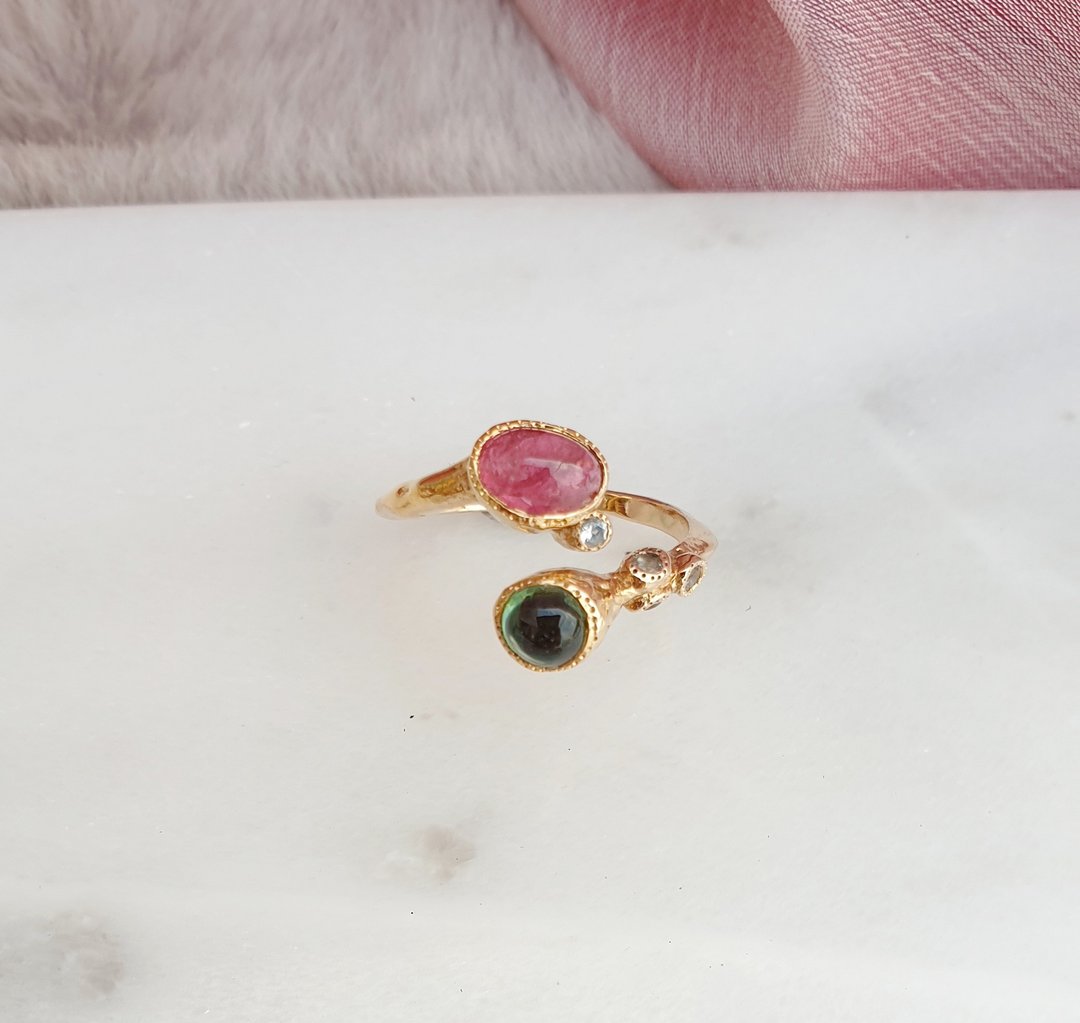 Pink Tourmaline, Green Tourmaline, White topaz gemstone ring - 戒指 - 宝石 多色