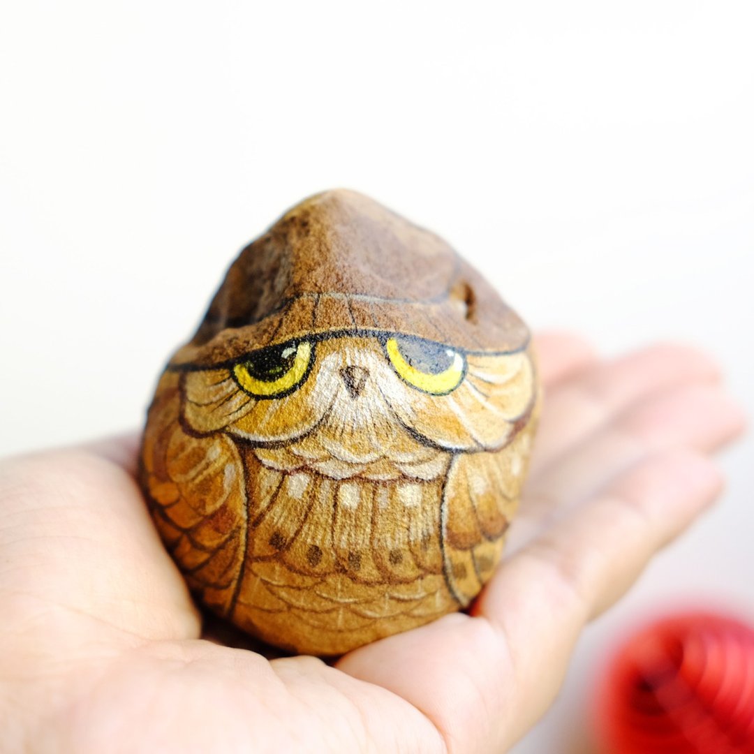 Owl stone painting. - 玩偶/公仔 - 石头 咖啡色