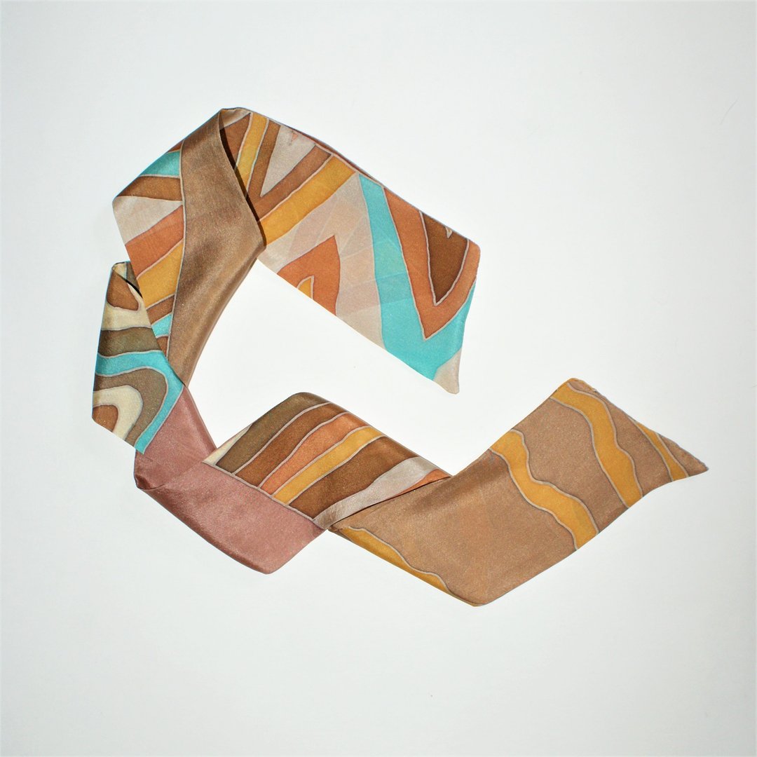 Wrist scarves Small silk scarf for neck Hand painted silk scarf Brown scarf - 丝巾 - 丝．绢 咖啡色