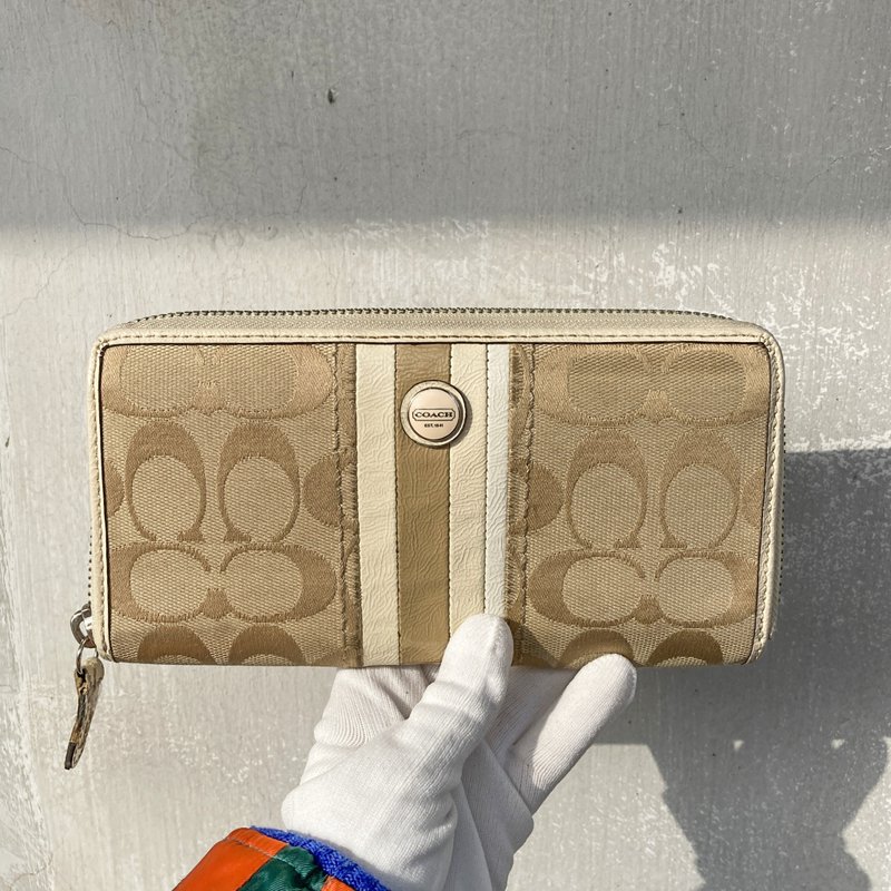 Coach 老花 杏 裸色 夹层丰富 拉链 长夹 古董 复古 包 vintage - 皮夹/钱包 - 其他材质 卡其色