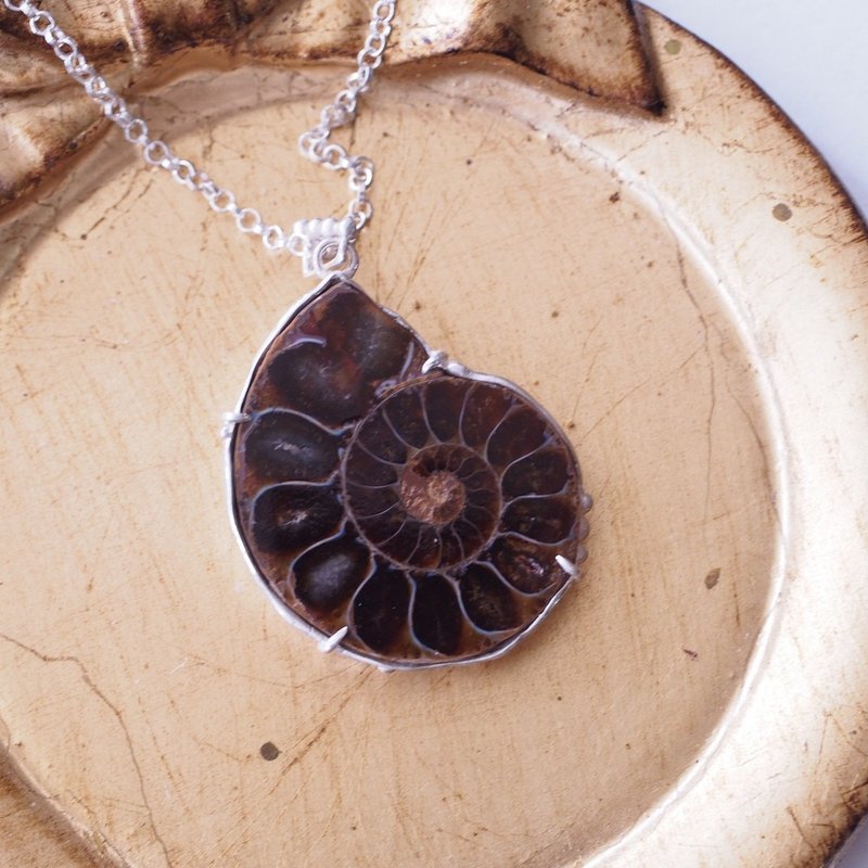 菊石 海螺化石 手工纯银项链 Ammnite アンモナイト - 项链 - 纯银 咖啡色
