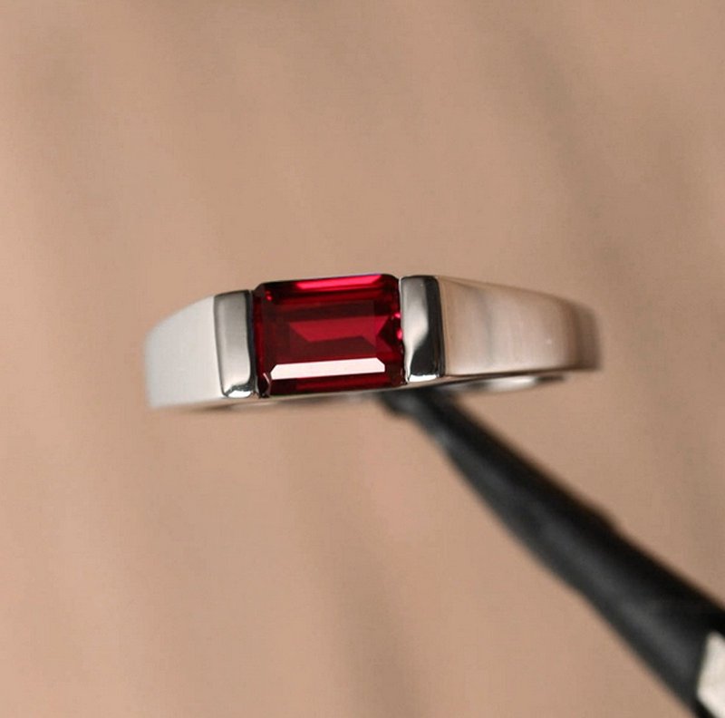 方形，红宝石银戒指 8 x 6 毫米，婚戒或生日戒指 - 戒指 - 纯银 红色