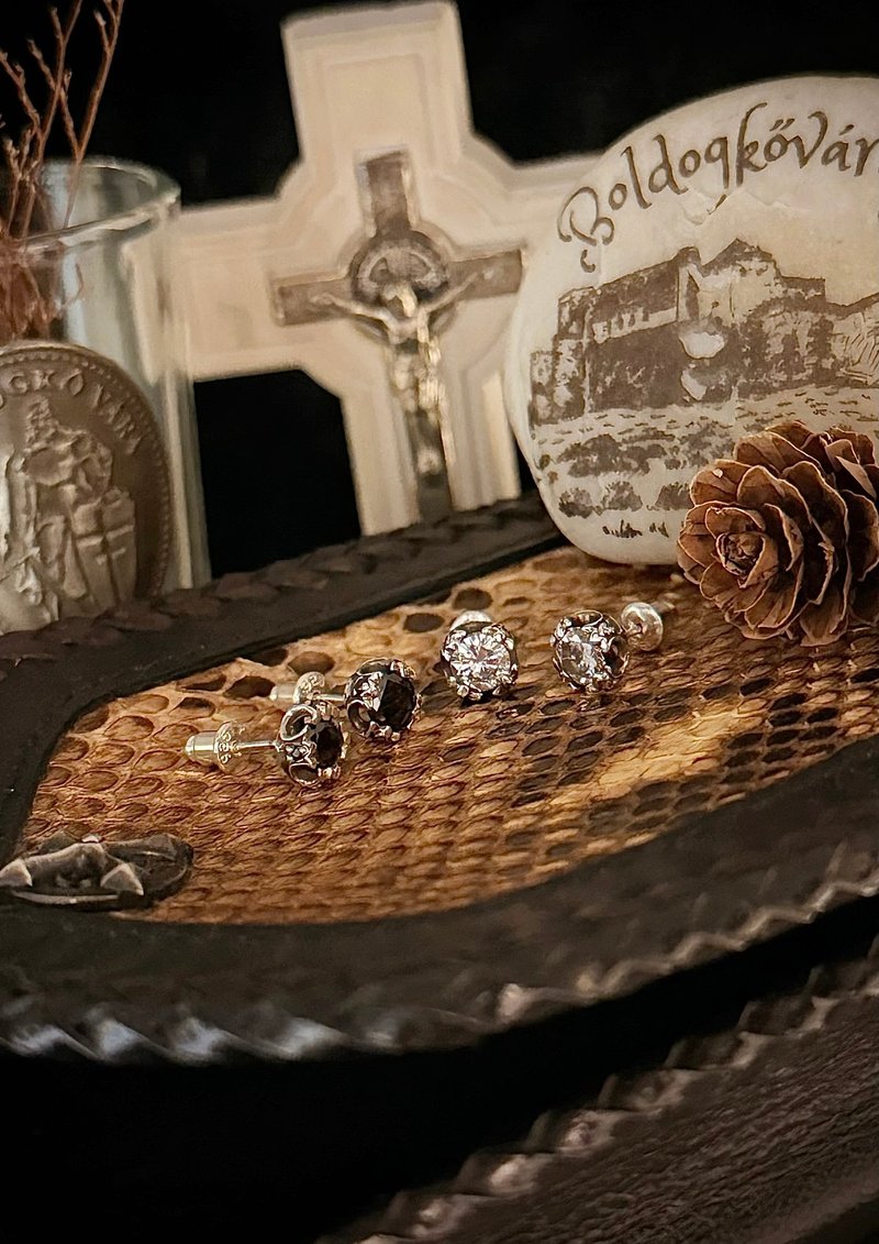 【巴洛克系列】黑曜石耳环/纯银/单只 - 耳环/耳夹 - 纯银 银色