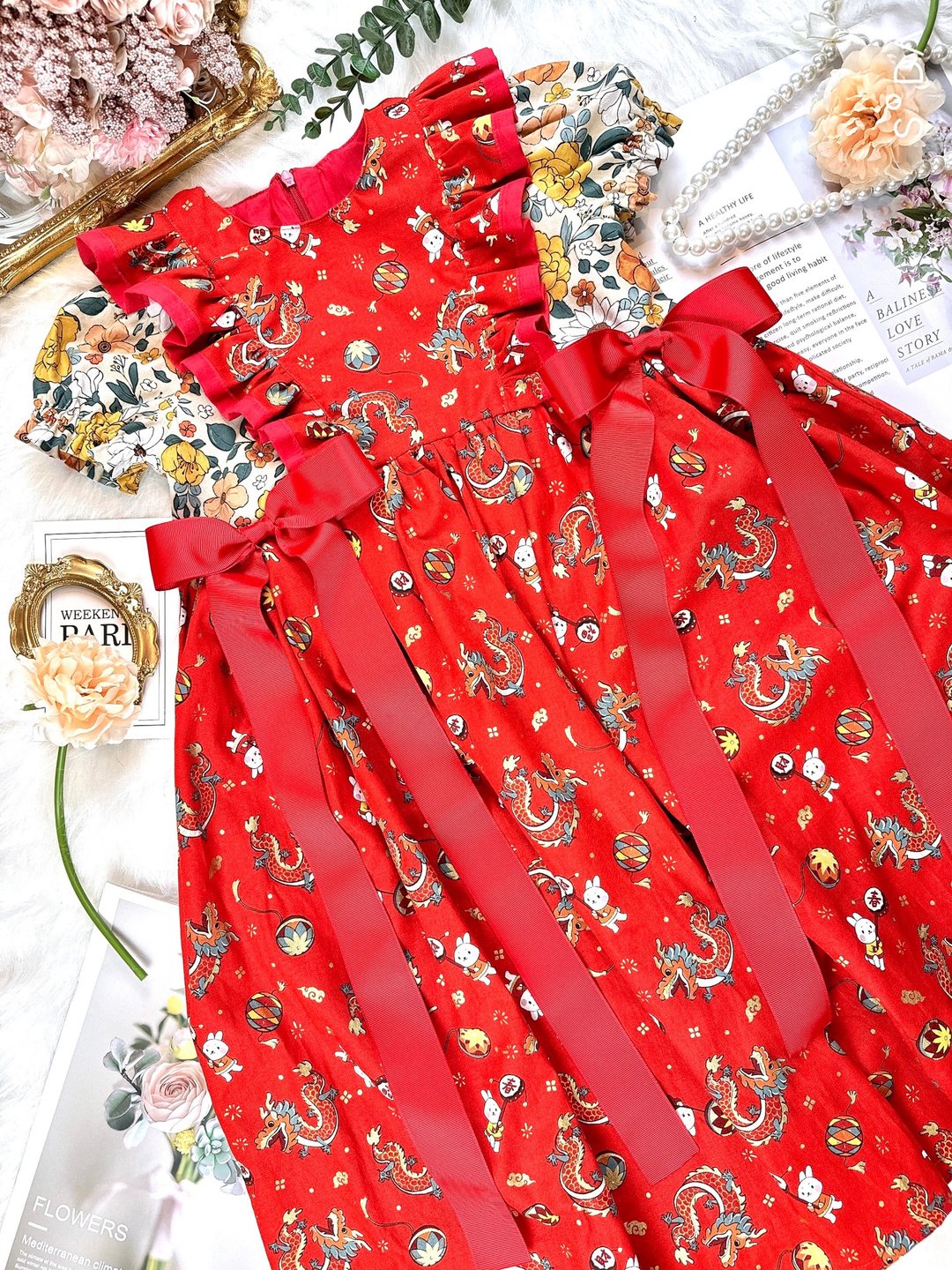 发财福兔迎龙年小洋装 - 童装裙 - 棉．麻 