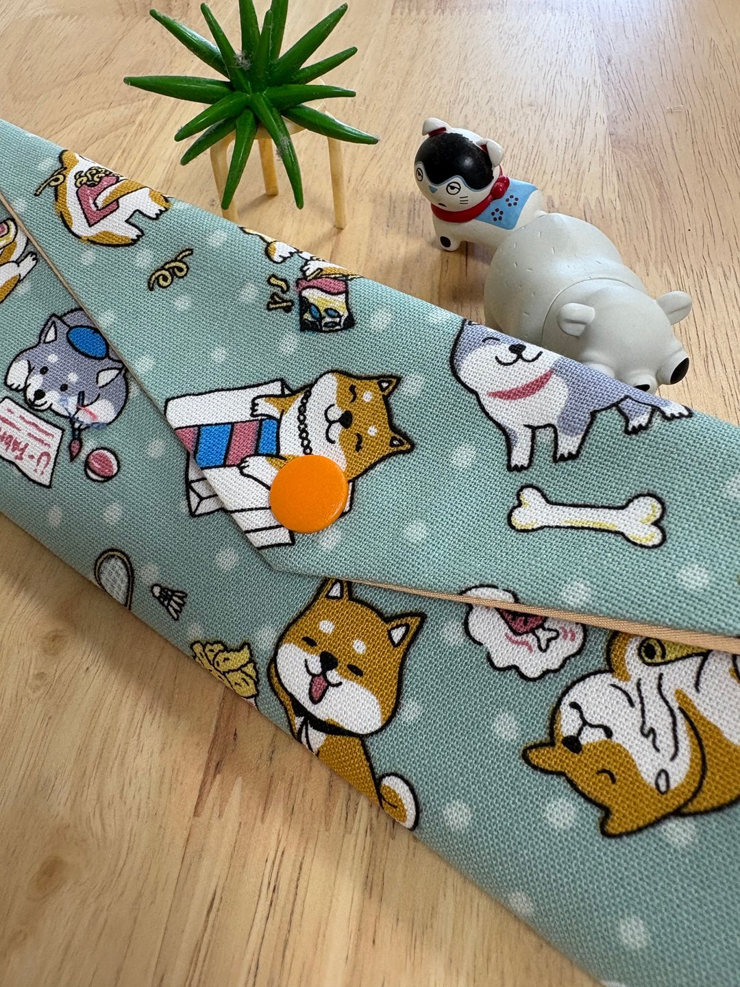 文青风环保纯棉筷袋 柴犬爱逛街 内超Q防水层 质感湖水绿 天空蓝 - 收纳用品 - 棉 绿色