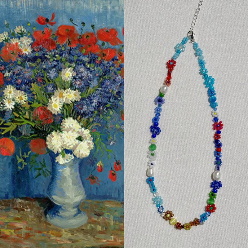 名畫繁花頸鏈 串珠項鍊 花朵項鍊 名畫配色 手作鎖骨鍊 - 项链 - 玻璃 多色
