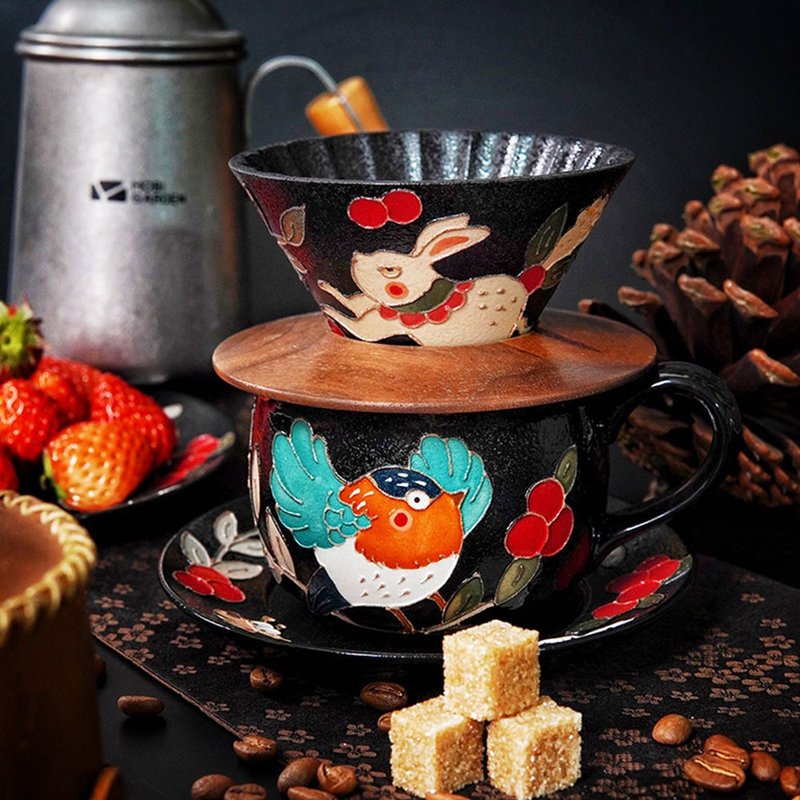 日式手繪知更鳥蝴蝶馬克杯 / 陶瓷咖啡杯茶杯 / 黑色原創小眾禮物 - 咖啡杯/马克杯 - 瓷 黑色