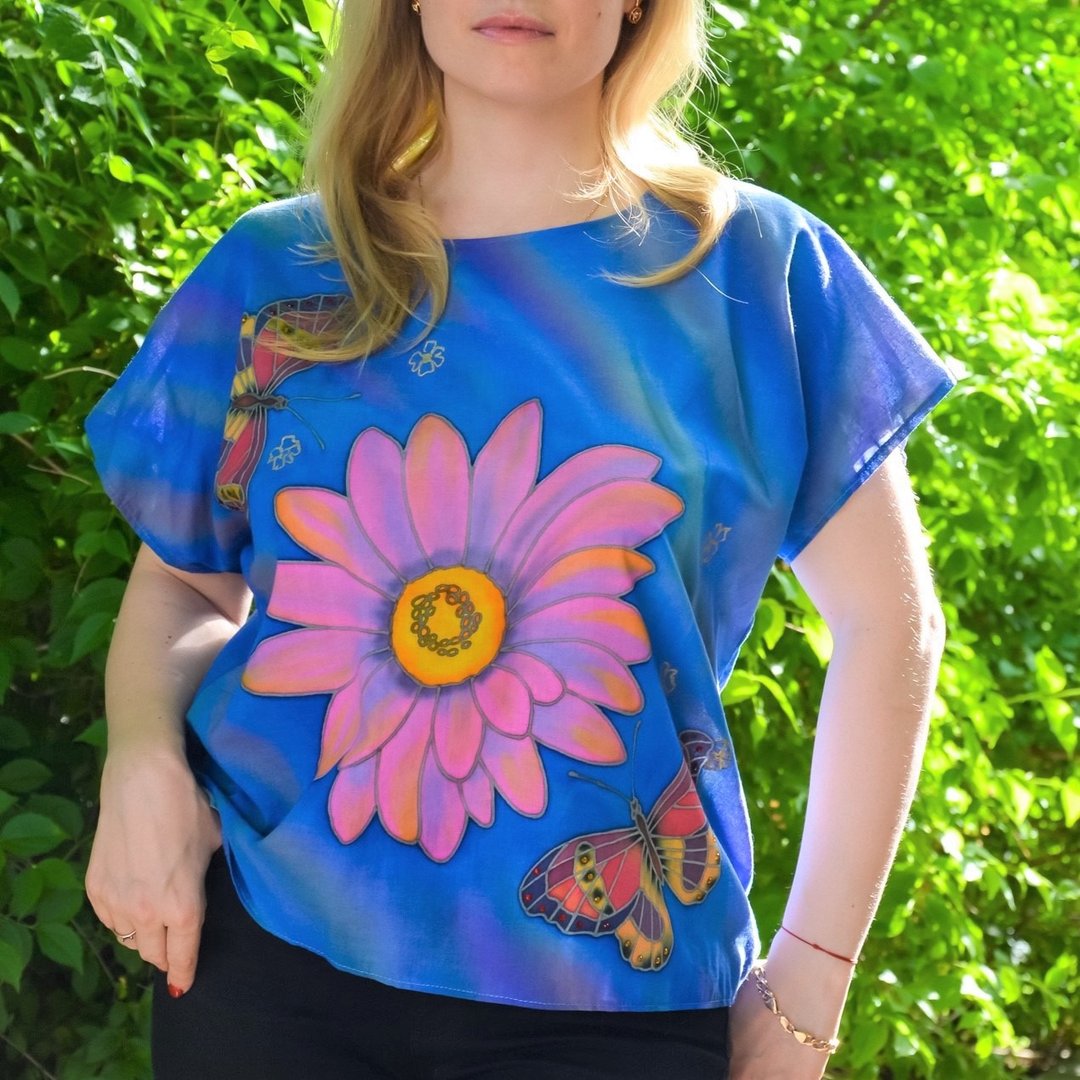 Hand painted cotton blouse, t-shir, Summer top women, Cotton oversized clothing - 女装衬衫 - 棉 蓝色