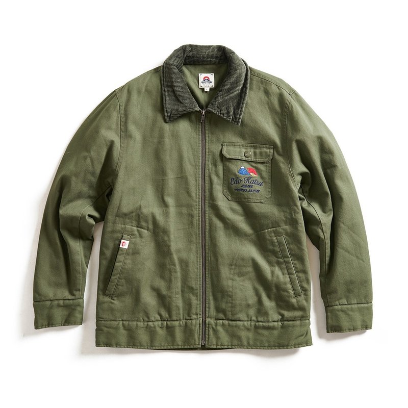 江户胜 日系 男装 灯芯绒拼接领铺棉工作外套(墨绿色) #上衣#外套 - 男装外套 - 棉．麻 绿色