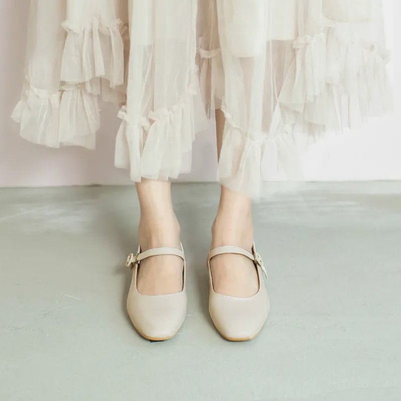 修饰微方头!小女孩假期玛丽珍鞋 米 全真皮 MIT -白蕾丝 - 玛莉珍鞋 - 真皮 白色