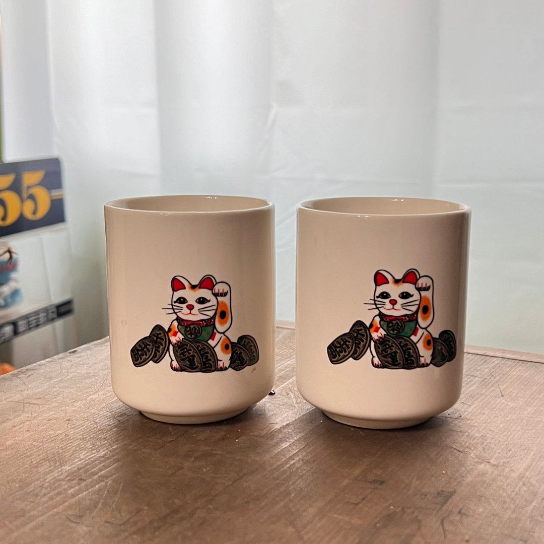 台湾早期招财猫陶瓷茶杯组 - 茶具/茶杯 - 瓷 白色