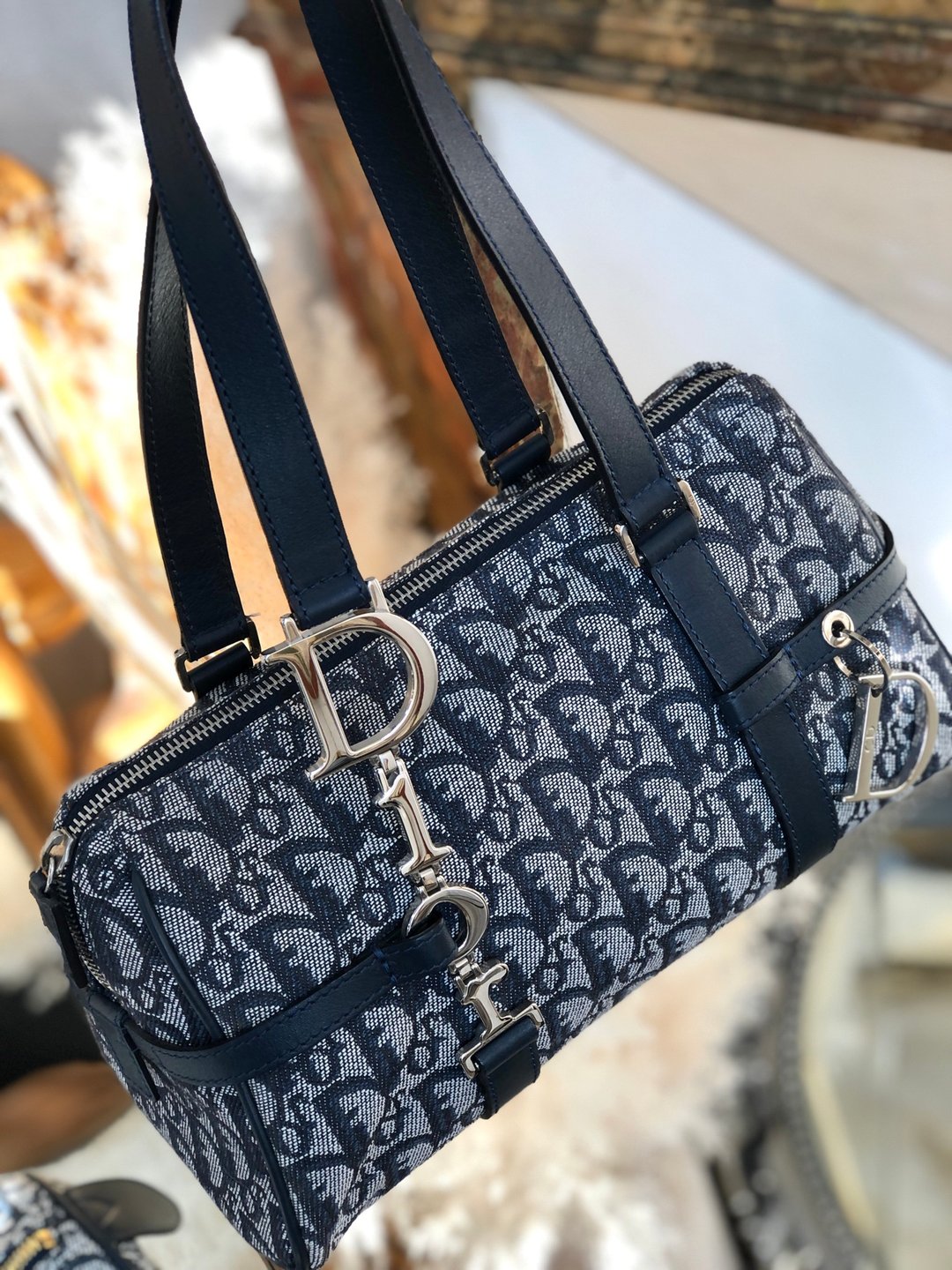 [ VintageShop solo ] Christian Dior Trotter Oblique D Motif Logo Jacquard Handbag Navy 2c6hkv - 手提包/手提袋 - 棉．麻 蓝色