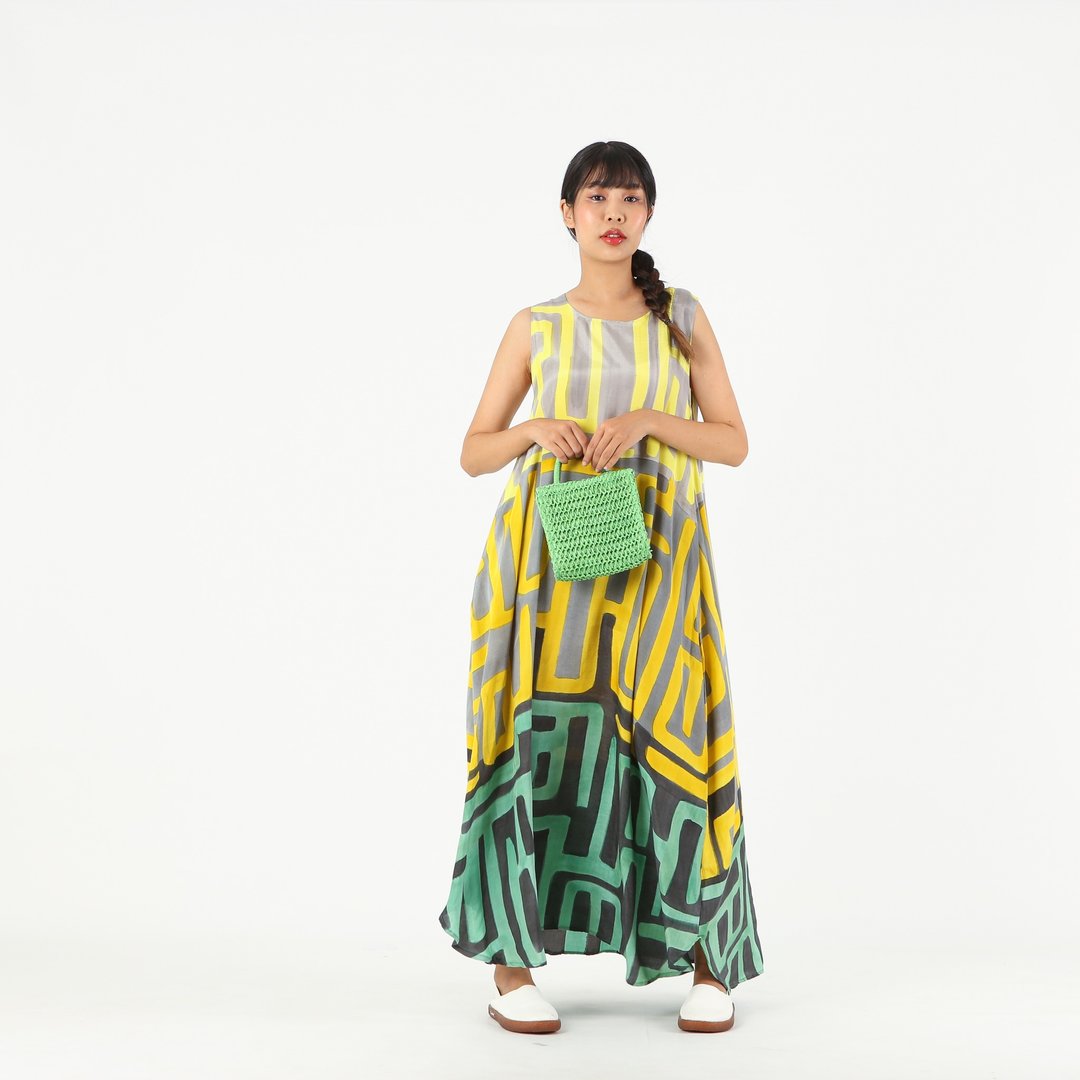 Dress Hand Paint Soft Cotton Silk for Yoga Vacation Holidays - 洋装/连衣裙 - 棉 绿色