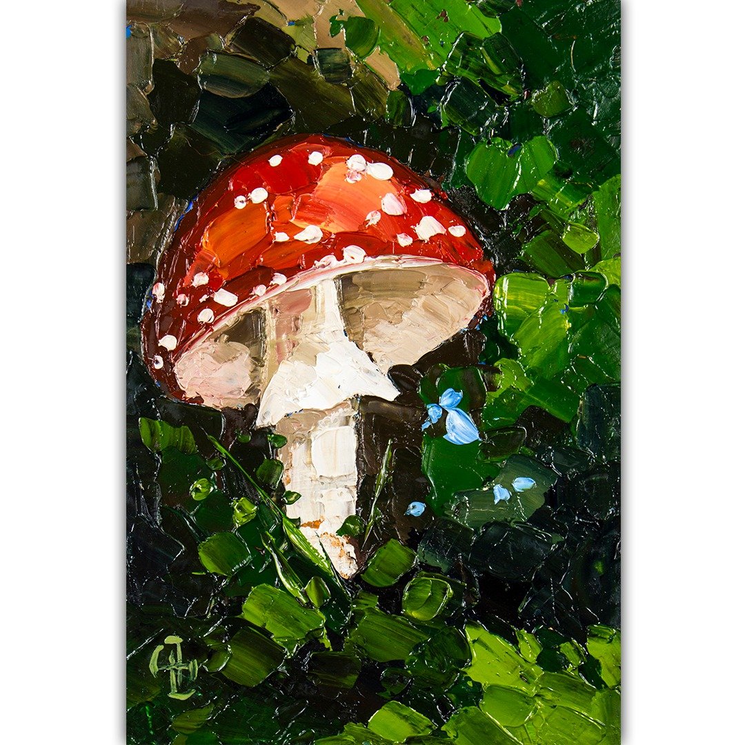 Fly Agaric Painting Mushroom Original Art Forest Hand-Painted Small Oil Painting - 海报/装饰画/版画 - 其他材质 红色