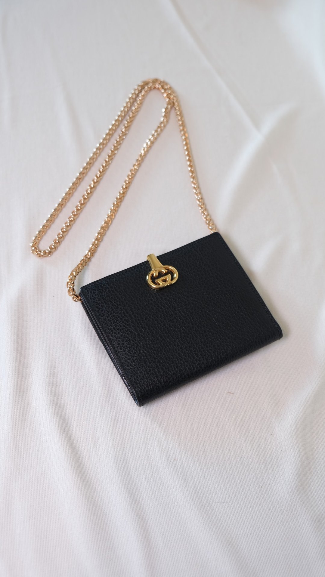 日本中古二手Vintage GUCCI 古驰黑色皮钱包 外加金色链条 - 皮夹/钱包 - 真皮 