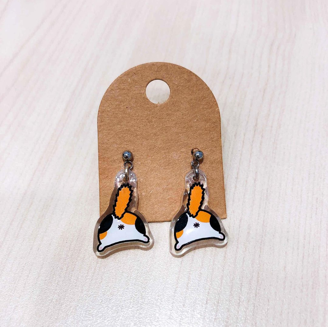 三花猫屁屁の抗敏耳针 / 耳环耳夹 (炸毛款) Cats Earring Meow! - 耳环/耳夹 - 防水材质 橘色