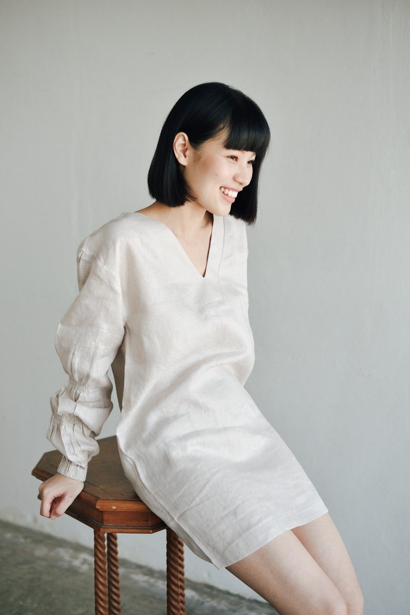 LINEN DRESS - IVORY COLOR- LONG SLEEVE - 洋装/连衣裙 - 棉．麻 卡其色