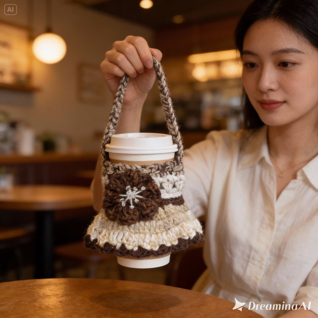 【钩钩手】摩卡拿铁手钩咖啡杯提袋/毛线杯套/环保外带杯袋 - 手提包/手提袋 - 棉 