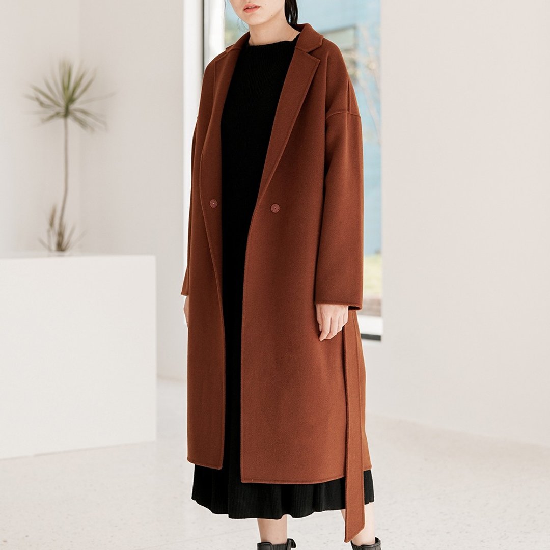 焦糖色 LESS IS MORE 极简大衣进口澳洲羊毛手工双面羊绒羊毛外套 - 女装休闲/机能外套 - 羊毛 咖啡色