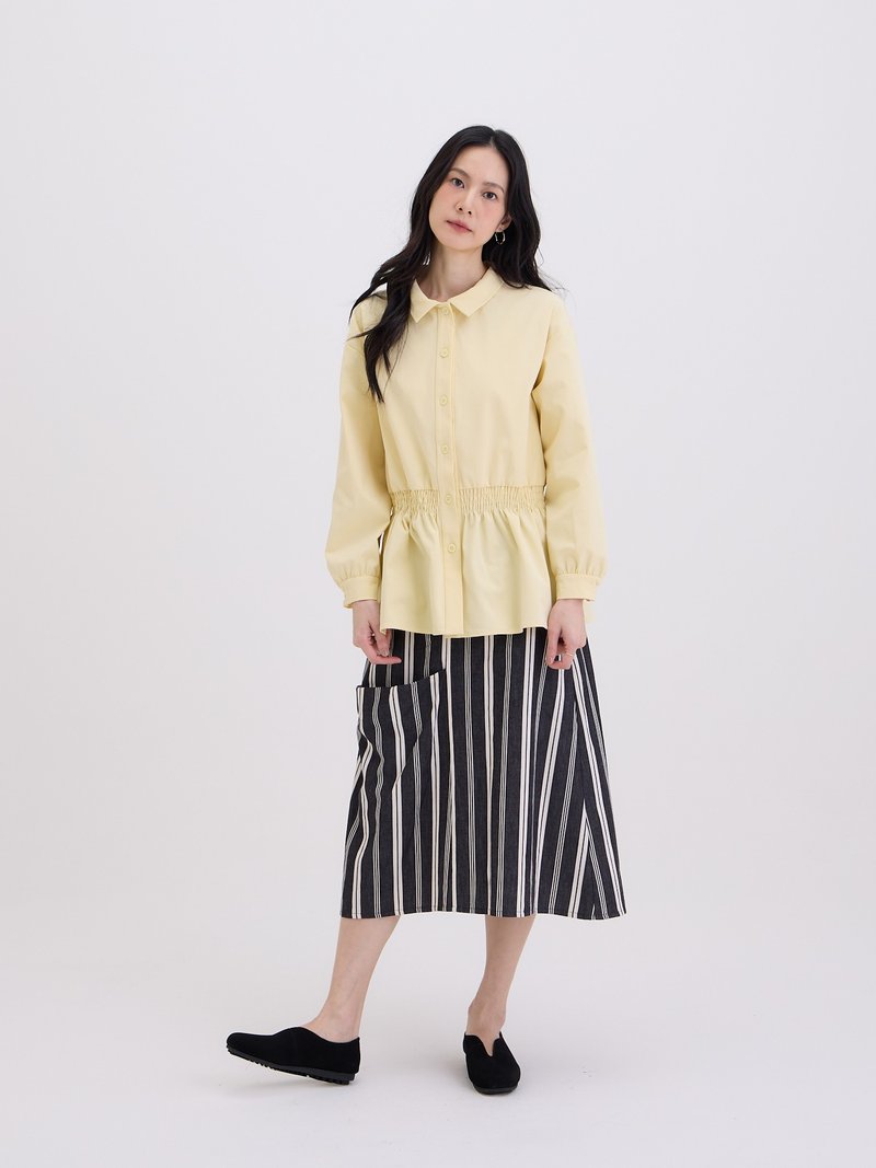 棉柔长袖抽皱衬衫-鹅黄 - 女装衬衫 - 棉．麻 黄色