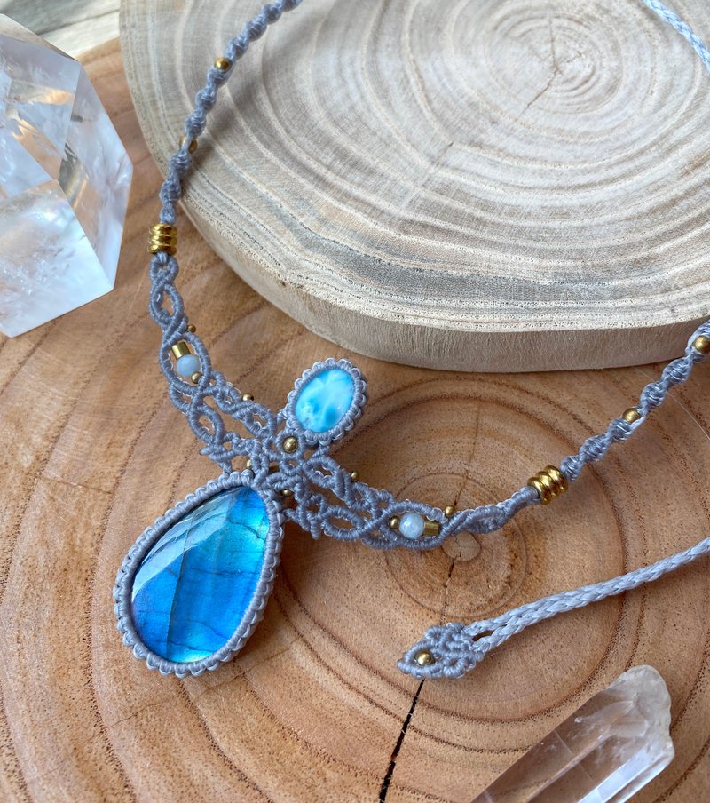 N167 民族风 蜡线编织 拉长石 海纹石 海蓝宝 项链 (可调长度) - 项链 - 其他材质 灰色