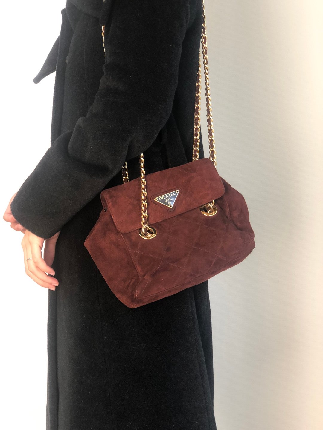 【 日本直送 名牌中古包 】PRADA 普拉达 侧背包 棕色 三角标 菱格纹 链条肩背包 aprb7j - 侧背包/斜挎包 - 真皮 咖啡色