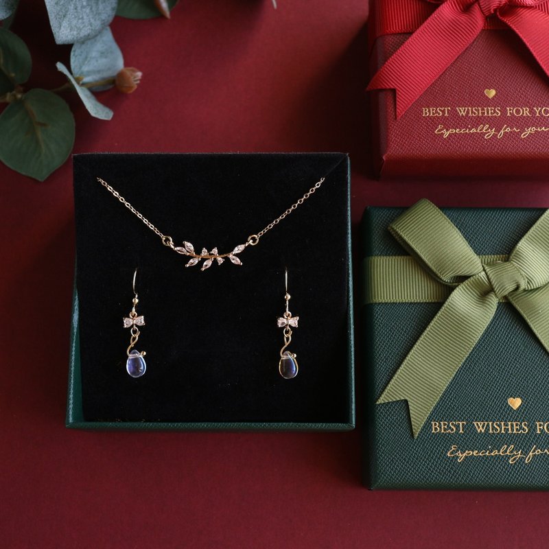 情人节礼盒一人鱼水晶蝴蝶结吊钻石垂坠耳环项链颈链 - 耳环/耳夹 - 贵金属 透明