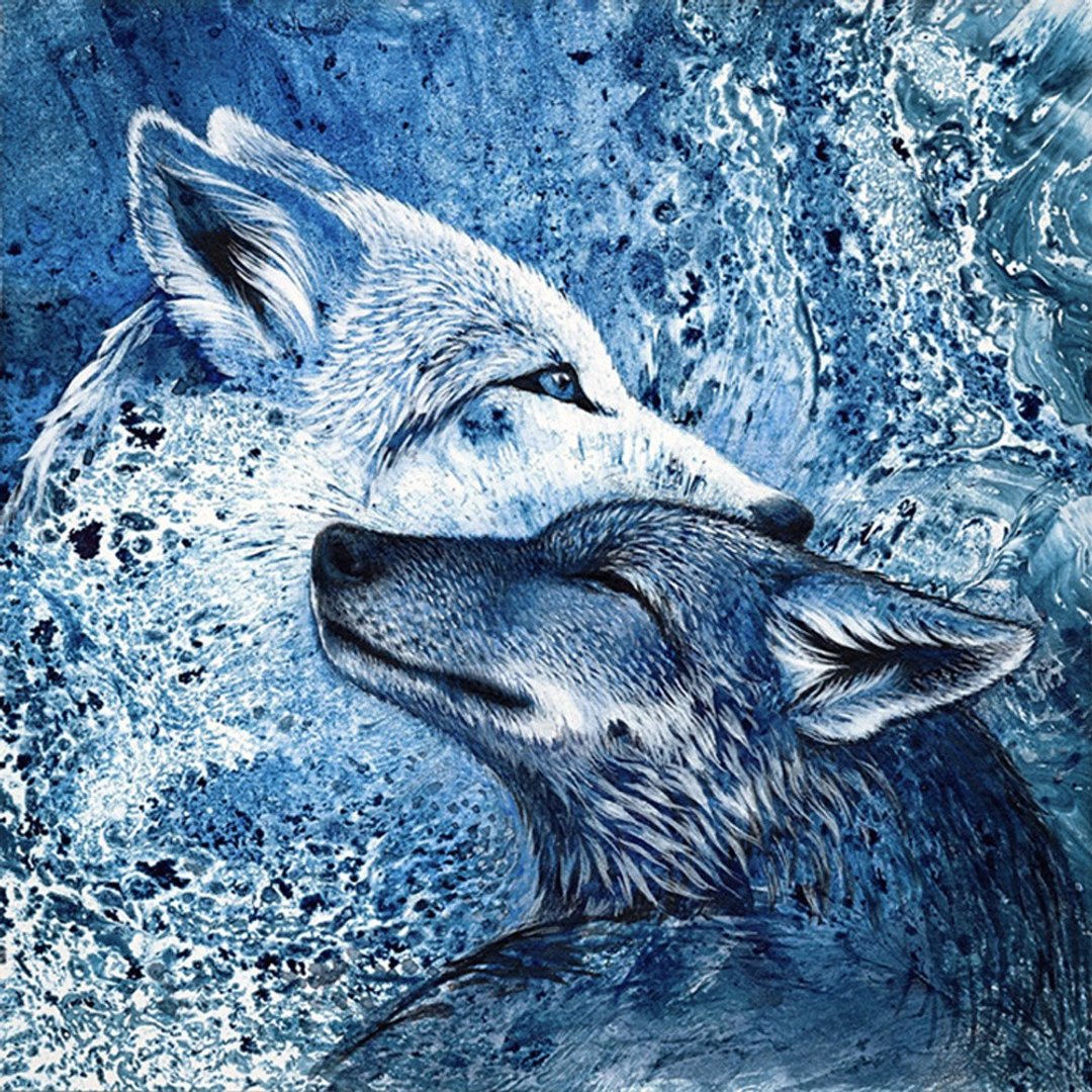 两只狼海报、恋爱中的狼印刷品、白色和黑色狼绘画 - 海报/装饰画/版画 - 纸 蓝色