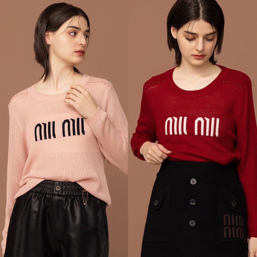 【Icare】miu miu 粗孔针织上衣 - 2色(F) | 女长袖上衣 休闲上衣 - 女装针织衫/毛衣 - 聚酯纤维 粉红色