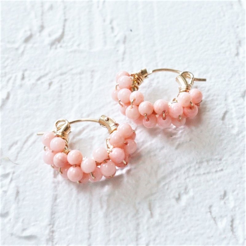 14kgf*Pink Coral pavé pierced earring / earring M - 耳环/耳夹 - 宝石 粉红色