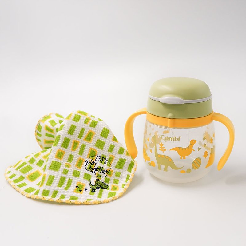 【经典恐龙组合】combi x kontex 乐可直饮杯(240ml)+刺绣小手帕 - 儿童餐具/餐盘 - 橡胶 多色