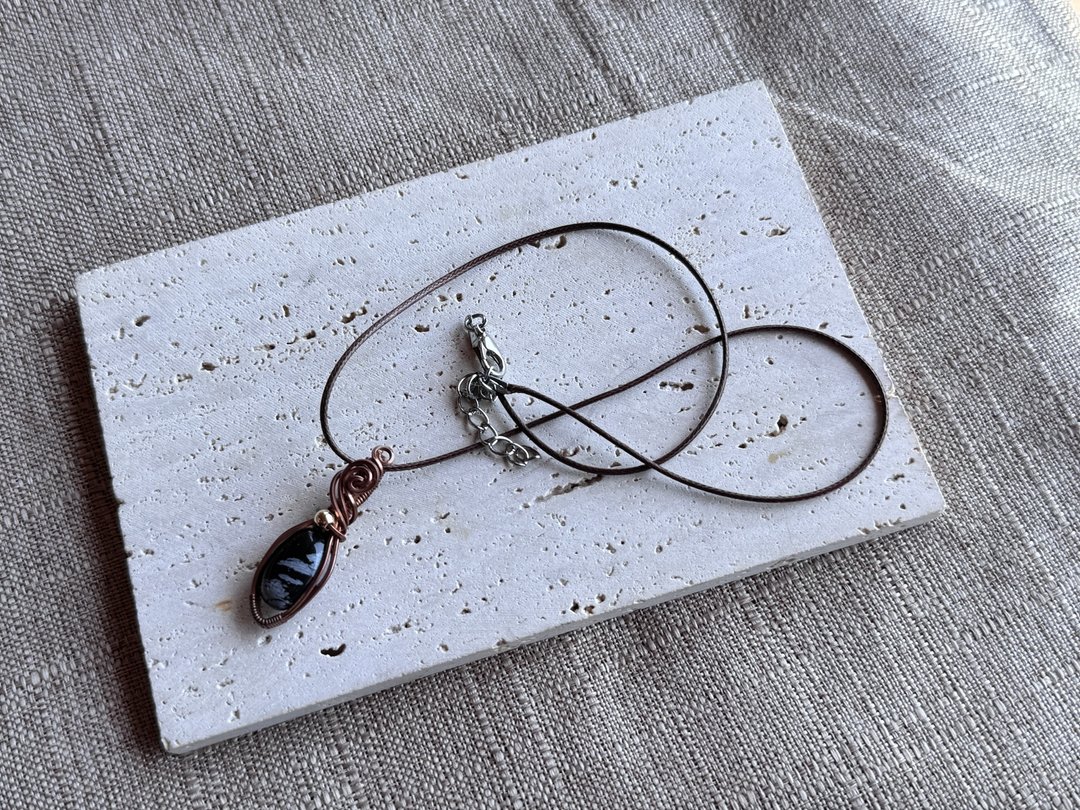 230318 wire wrapping 雪花黑耀石 铜线 绕线 吊堕 - 项链 - 铜/黄铜 黑色