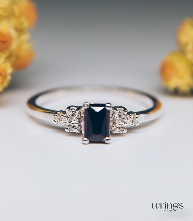 天然红石榴石簇状订婚戒指银制自订中心宝石 - 戒指 - 纯银 红色