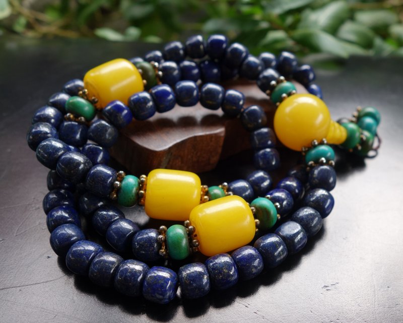 天然老青金石桶珠9mm 130克 佛珠 琥珀 项链 老绿松石 古董蜜蜡 - 项链 - 玉石 多色