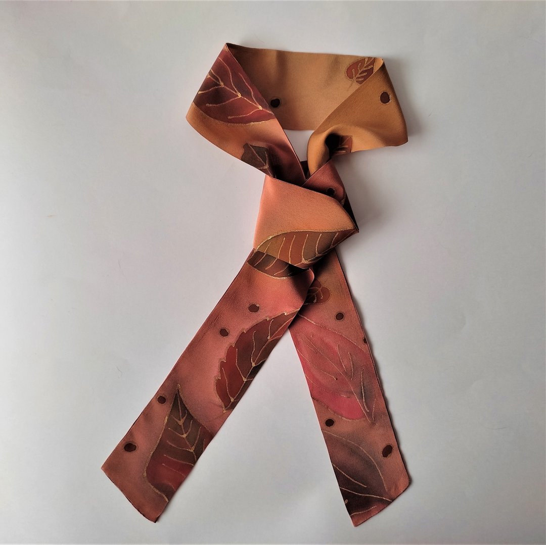 Long skinny neck scarf Silk scarf hand painted batik Small silk scarf for neck - 丝巾 - 丝．绢 咖啡色