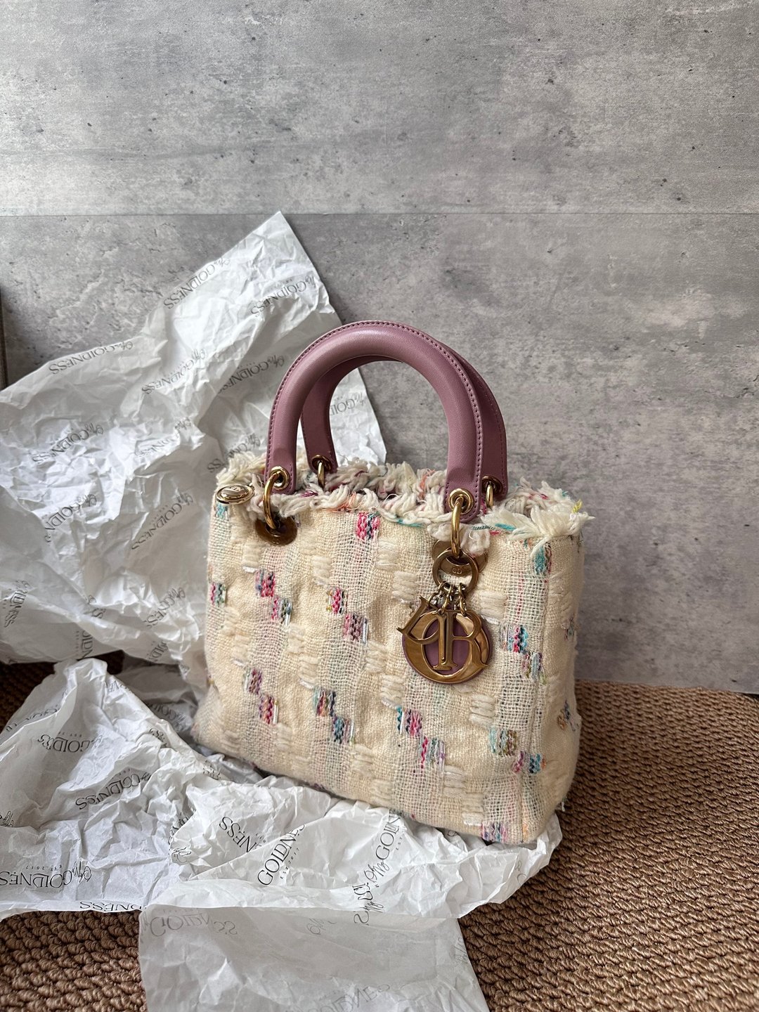 中古包 Dior 迪奥 Lady Dior 粉紫手柄粗花呢手提包 - 手提包/手提袋 - 棉 多色