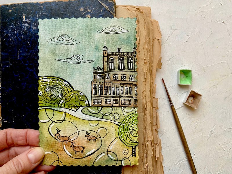 Castle painting Small Original art Mini watercolor Miniature artwork - 海报/装饰画/版画 - 纸 绿色