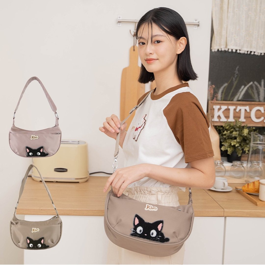 月弯包 小黑猫 毛巾绣 肩背 斜背包【330031】 - 侧背包/斜挎包 - 棉 卡其色