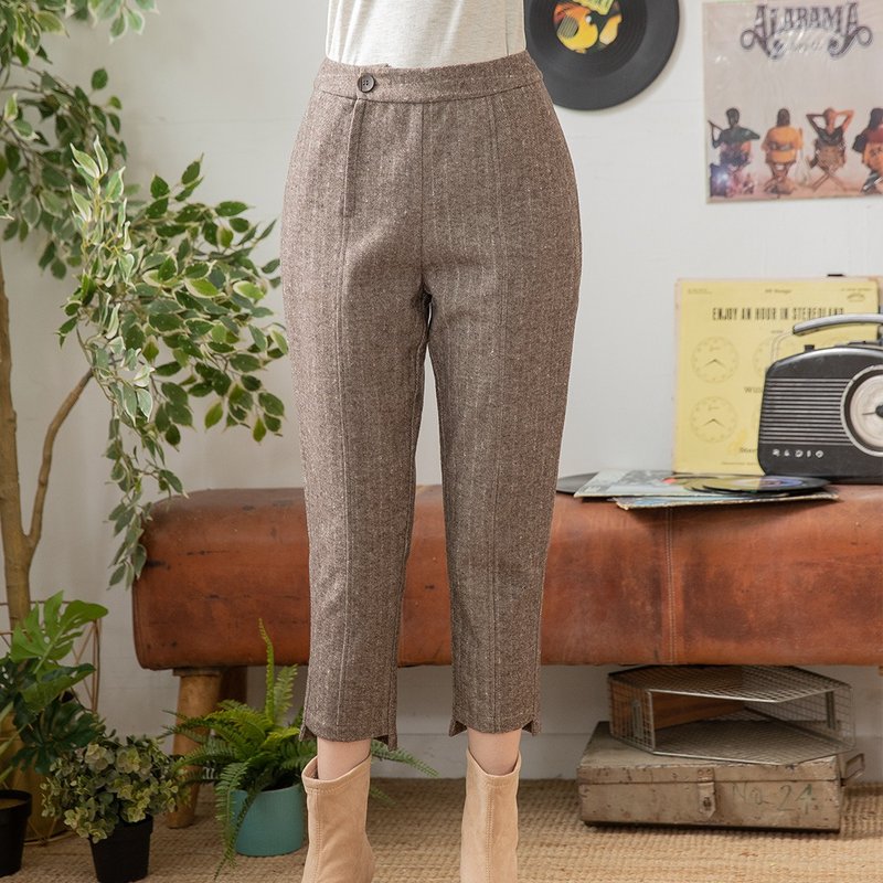 Hana Mokuba 后松紧条纹毛料修身九分裤 - 女装长裤 - 其他材质 